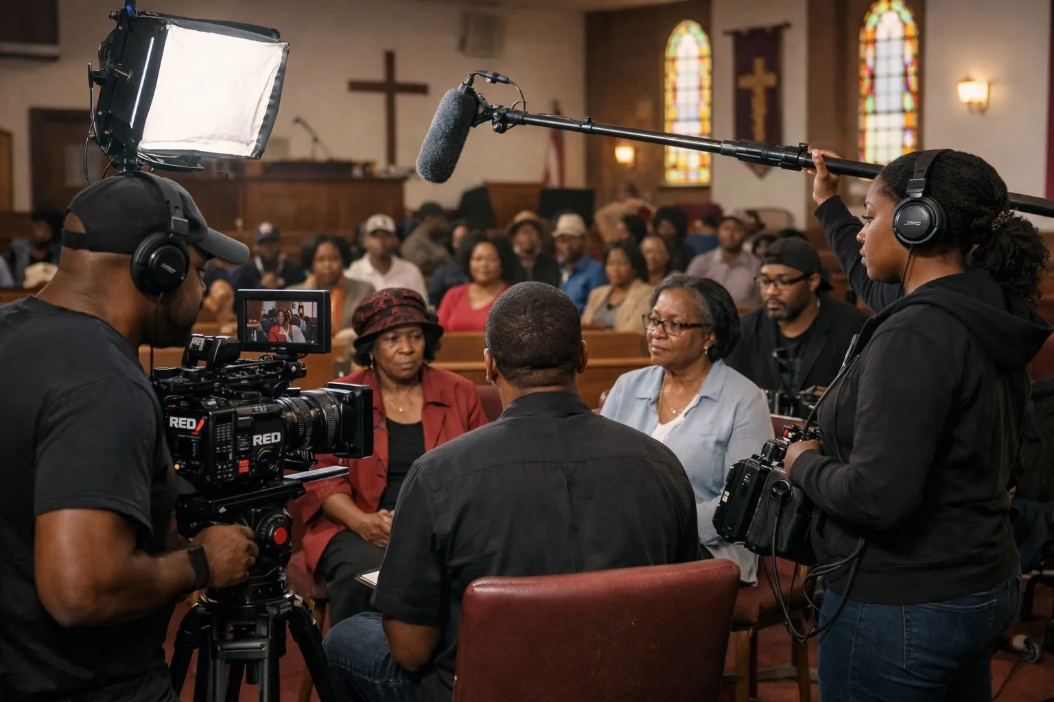 Illustrative image of a film crew recording an interview inside a church