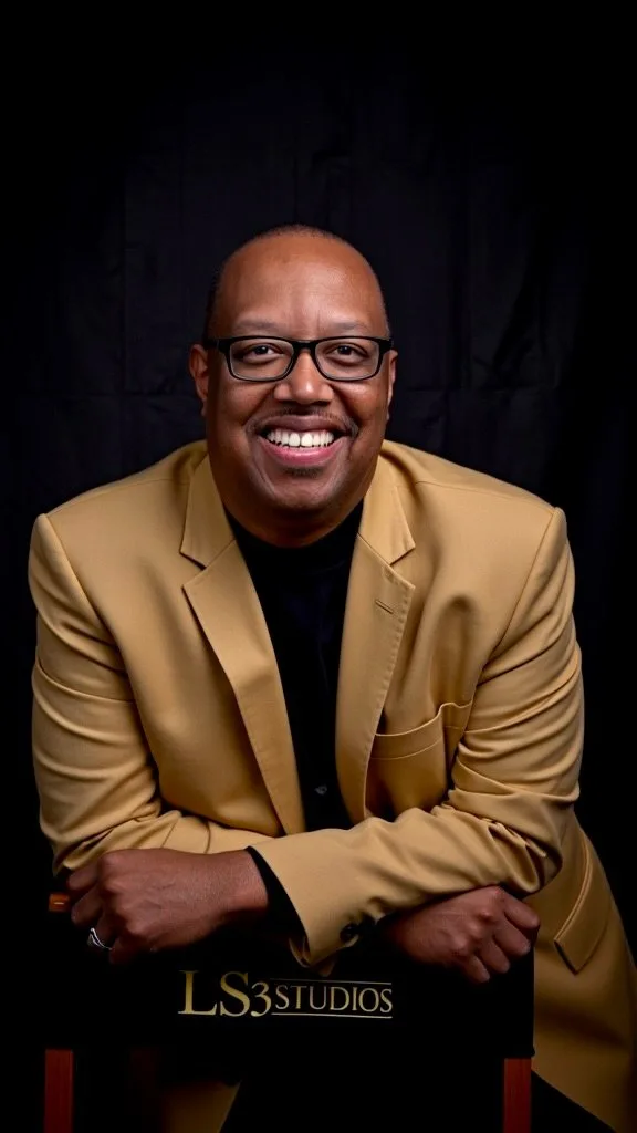 Leonard Smith III in a gold jacket, seated on an LS3 Studios director's chair