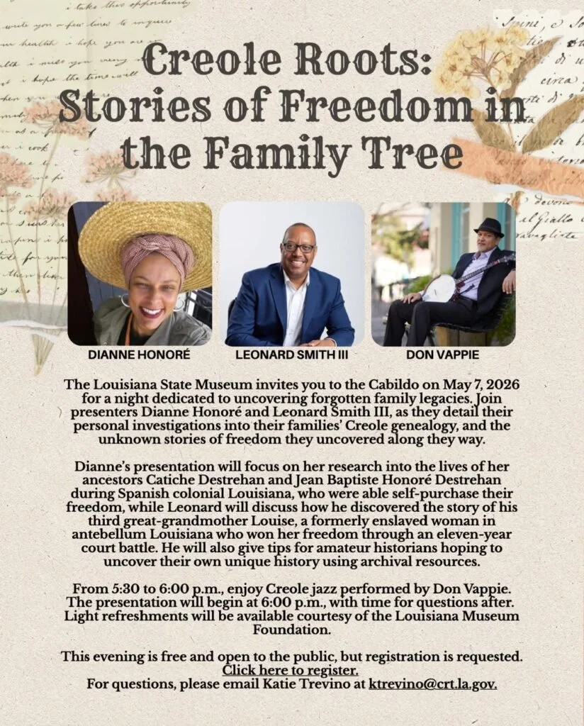 Flyer for Creole Roots: Stories of Freedom in the Family Tree, with portraits of Dianne Honoré, Leonard Smith III and Don Vappie
